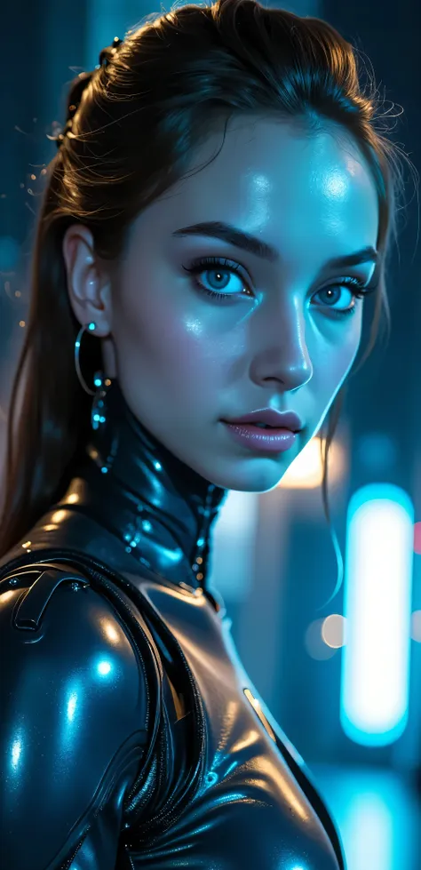 sfw,a futuristic sci-fi girl, cyberpunk, hyper detailed face, striking blue eyes, glossy synthetic skin, intricate robotic anatomy, glowing neon implants, complex machinery, dramatic lighting, neon city background, 8k, photorealistic, cinematic composition