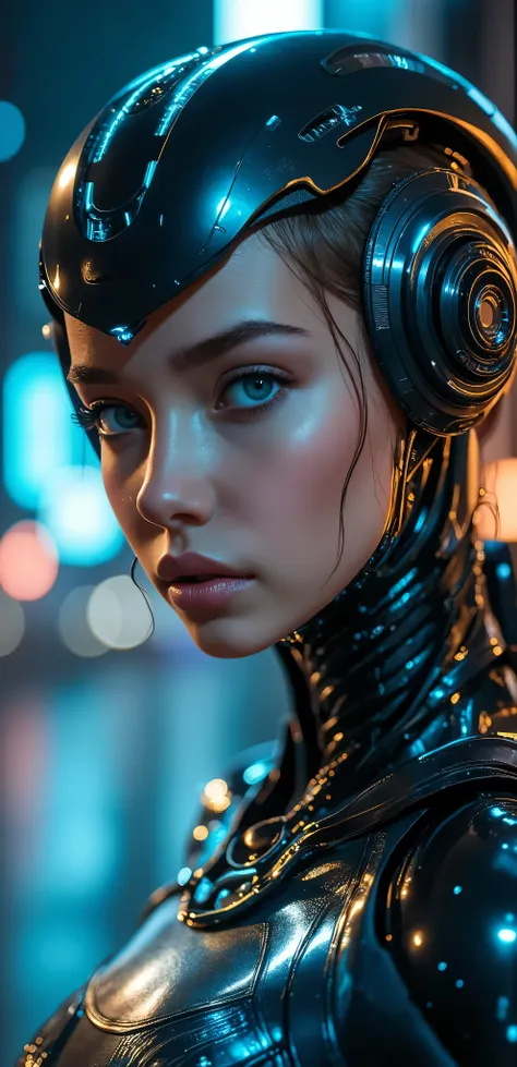 sfw,a futuristic sci-fi girl, cyberpunk, hyper detailed face, striking blue eyes, glossy synthetic skin, intricate robotic anatomy, glowing neon implants, complex machinery, dramatic lighting, neon city background, 8k, photorealistic, cinematic composition