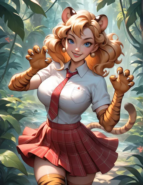score_9, score_8_up, score_7_up, source_anime, solo, 1tiger furry, tiger disney style wearing long gown, tiger tail, smile, looking at you, standing, claw pose, animal ears, extra ears, tiger print, white shirt, collared shirt, wing collar, red necktie, pl...