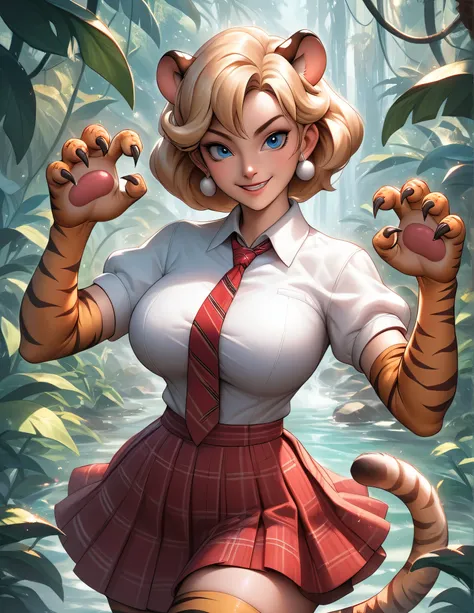 score_9, score_8_up, score_7_up, source_anime, solo, 1tiger furry, tiger disney style wearing long gown, tiger tail, smile, looking at you, standing, claw pose, animal ears, extra ears, tiger print, white shirt, collared shirt, wing collar, red necktie, pl...