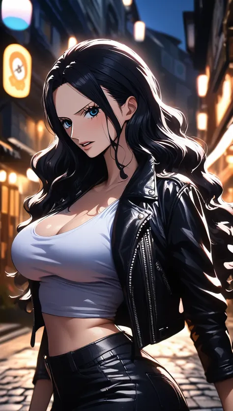 masterpiece, best quality, intricate details, 1 girl, woman, black hair, nico robin \ (one piece\), tank top, crop top leather j...