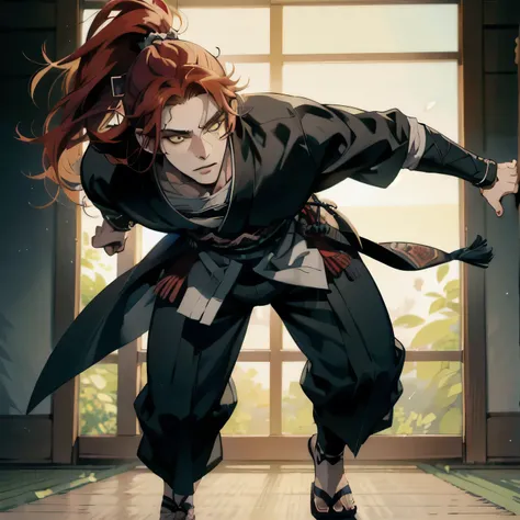 full body portrait of a masculine young man ((solo)) in shinobi dark clothes, character illustration , square jaw, with very long unruly red hair in a samurai ponytail, with hazel yellow eyes, anatomically correct. elegant posing. Highly detailed, cinemati...