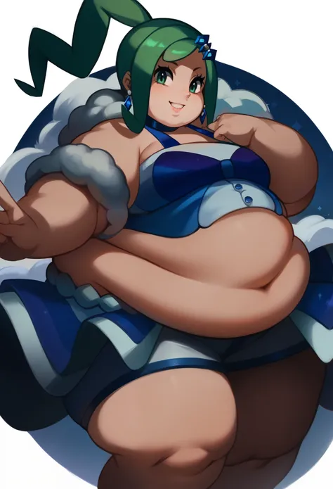 score_9, score_8_up, score_7_up, source anime,1girl,solo,lisia (pokemon),green eyes,green hair,bare shoulders,dress,earrings,hair ornament,jewelry,navel,shorts,showgirl skirt,single thighhigh,choker,looking at viewer,smile, fat, chubby, obese