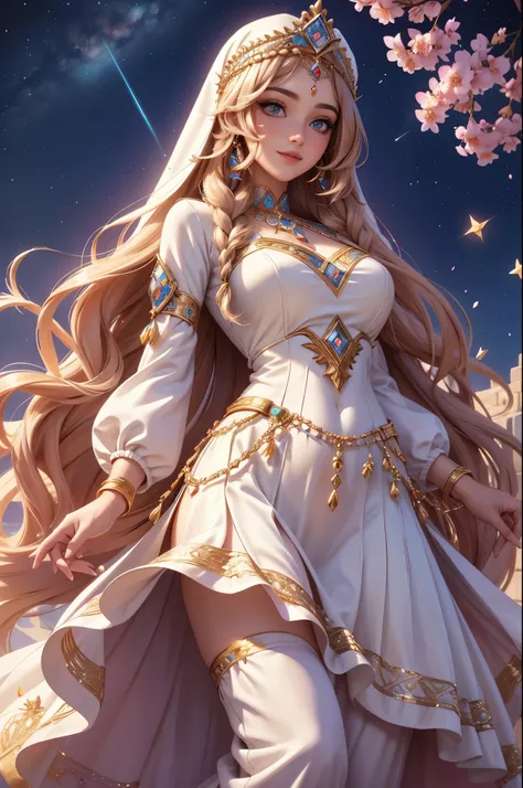 (best quality,4k,8k,highres,masterpiece:1.2),ultra detailed,(realistic,photorealistic,photo-realistic:1.37),acrylic painting,beautiful Arab godess in a Lolita dress with downy hair,beautiful Arab godess with extremely colorful hair and detailed facial feat...