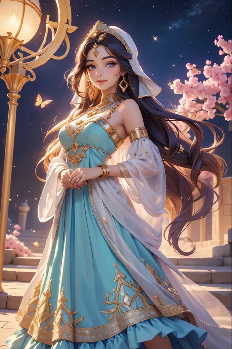 (best quality,4k,8k,highres,masterpiece:1.2),ultra detailed,(realistic,photorealistic,photo-realistic:1.37),acrylic painting,beautiful Arab godess in a Lolita dress with downy hair,beautiful Arab godess with extremely colorful hair and detailed facial feat...