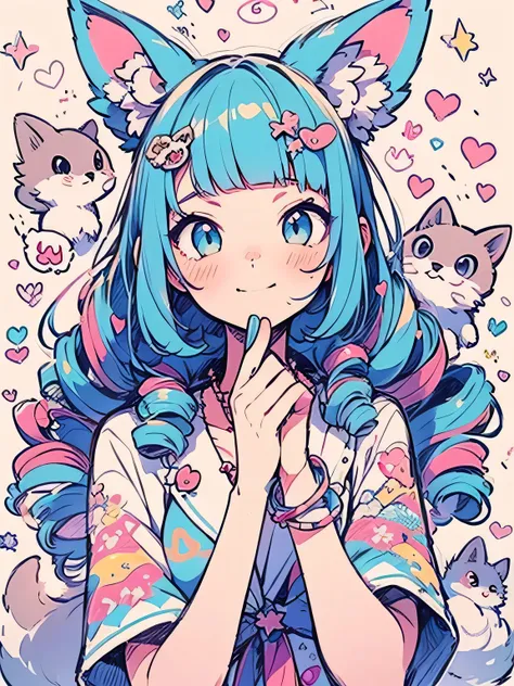 Alone,(SEXY HARAJUKU SWIMWEAR ),cute,drill hair,blunt bangs,heart pattern,Star Dot ,wonder world,dog、cat、squirrel、animal、fox、 ANIMAL WORLD、 Peaceful World ,dreaming world,(colorful image:1.2),(manga style),(sketch),(illustration),