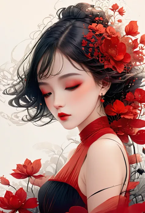 (masterpiece, Melhor qualidade:1.2), 1 girl, Alone,beautiful face,Red Minimalist Art Nouveau,illustration style,Black and red,flores