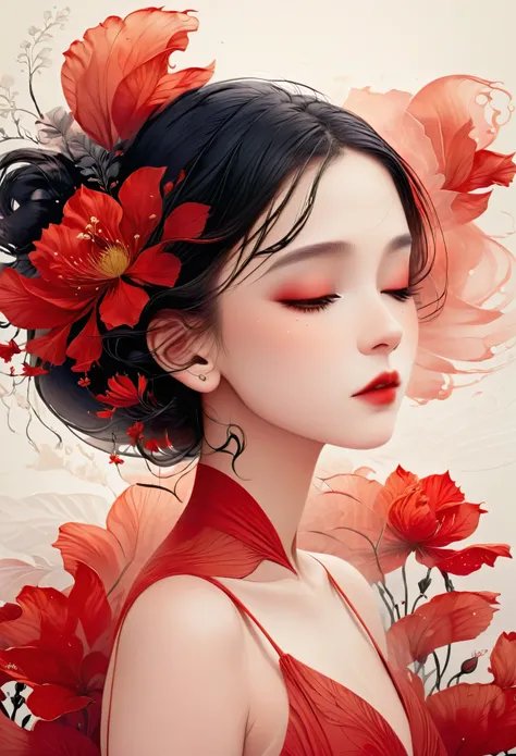 (masterpiece, Melhor qualidade:1.2), 1 girl, Alone,beautiful face,Red Minimalist Art Nouveau,illustration style,Black and red,flores