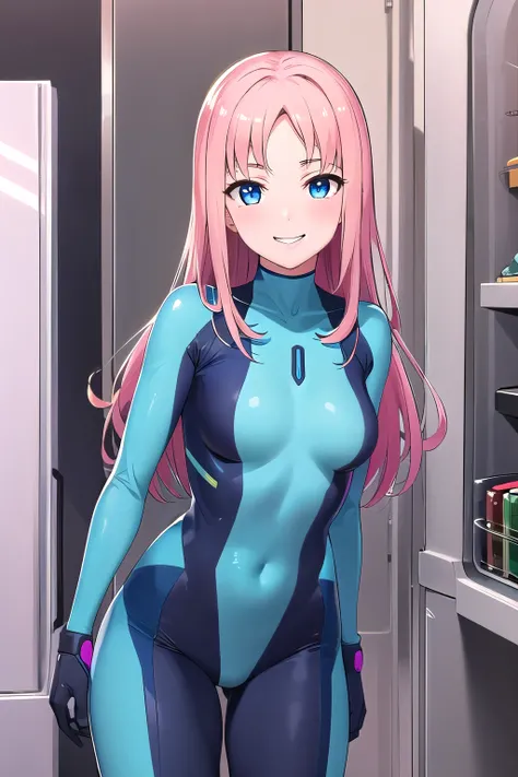 1girl,Samus aran,solo,blue eyes, pink hair, forehead hair, black zero suit ,purple stripes,cowboy shot,blush,,Science fiction,ultra-detailed,sharp focus,aesthetic,(best quality), refrigerator background, erotic smile, glossy
