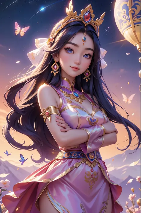 (best quality,4k,8k,highres,masterpiece:1.2),ultra detailed,(realistic,photorealistic,photo-realistic:1.37),acrylic painting,beautiful Mongolian godess in a Lolita dress with downy hair,beautiful Mongolian godess with extremely colorful hair and detailed f...