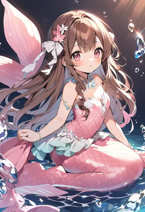 A cute anime mermaid with brown hair and a pretty pink tail