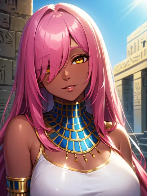 (SLE, mksks style, detailed background:1.1), (solo:1.3), mature, woman, dark skin, white egyptian dress, long hair, pink hair, beautiful hair, hair over eye, yellow eyes, voluptuous body, portait, head tilt, close up, volumetric lighting, (outdoor:1.3), eg...