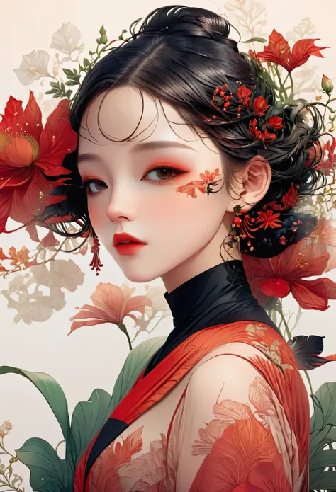 (1 girl, beautiful face, red and black, Art Nouveau, minimalist, flowers, illustration style, best quality:1.2, ultra-detailed, realistic, photorealistic, sharp focus, physically-based rendering, vivid colors)