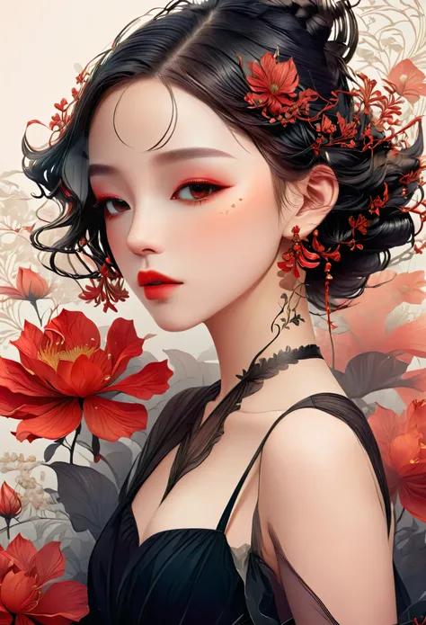 (1 girl, beautiful face, red and black, Art Nouveau, minimalist, flowers, illustration style, best quality:1.2, ultra-detailed, realistic, photorealistic, sharp focus, physically-based rendering, vivid colors)