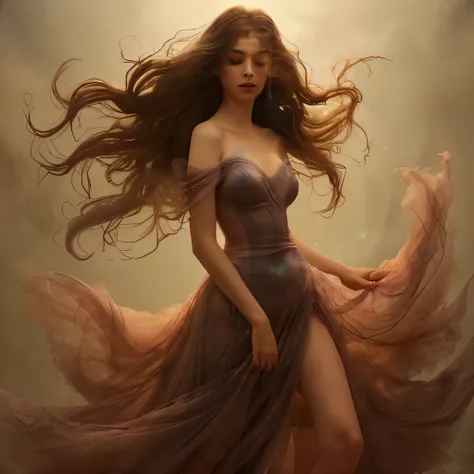 Ethereal Mist: Her outfit seems to be composed of swirling mists that shift colors in the dim light. The mist clings to her figure and flows around her, creating an illusion of sensuality and dreamlike fluidity.