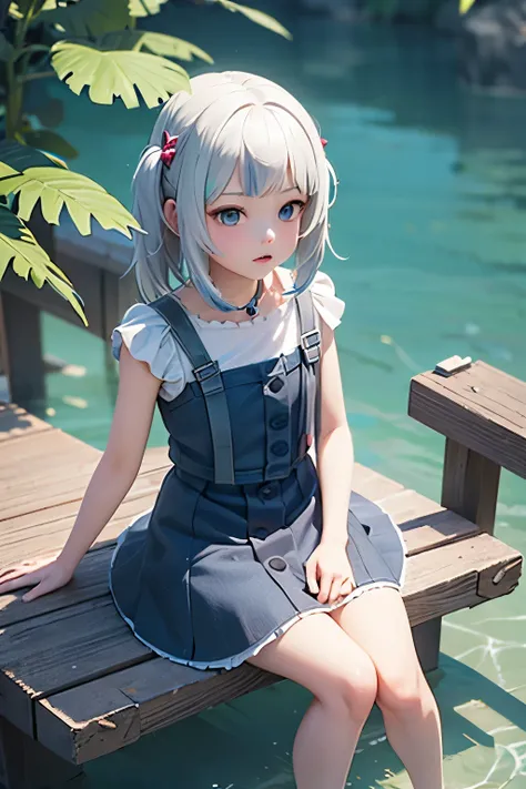 there is a woman that is sitting on a bench in the water, a 3D render inspired by WLOP, trending on cg society, fantasy art, artwork in the style of guweiz, loli in dress, anime styled 3d, loli, guweiz, anime. soft lighting, loish and wlop, small curvy lol...