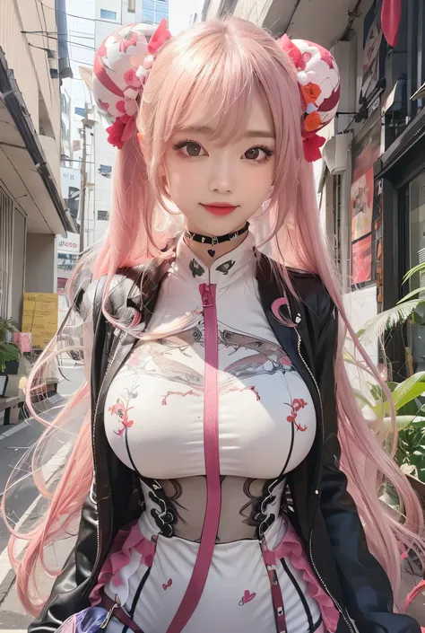 Ultra-detailed、Hanfu Chinese female celebrity wearing a tight white blouse and black latex body suit, silky pink hair, attractive beauty、seductive young skinny woman、pretty thin woman、piercing eyes、cool girl、apply lipstick、huge breasts, taut clothing, skin...