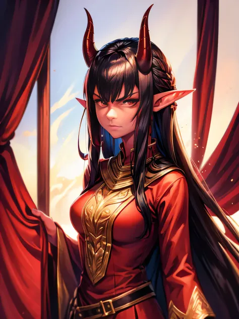 1 mature girl, tiefling, annoyed expression, annoyed, solo red-skinned girl, red skin, black hair, long black hair with curtain bangs, elf ears, red eyes, horns on forehead, oni horns, 8k, highdef, ultrares

