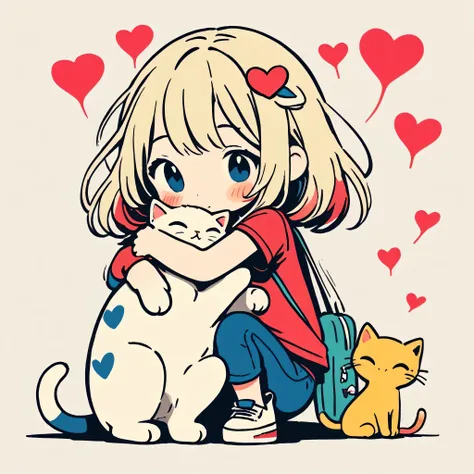 Banksy colorful style,  simple line acronym ，Abstract art，Cute design,  The most beautiful girl of all time、Chibi, ((( hugging kittens ))), (((Cute log bug))), Colorful hearts, Summer version ,