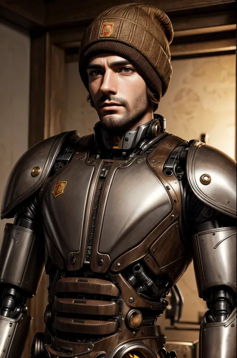 masterpiece, best quality, extremely detailed, hyperrealistic, photorealistic, a cool spanish 30s man, ultra detailed face:1.2, brown hair, brown beanie, robot clothes, perfect mechanical arms, mecha base, serene