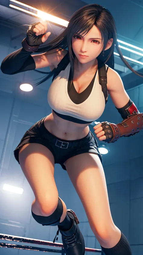 8k,masterpiece, Highest quality, (1 person:1.5), Tifa Lockhart, red_eye, Black Hair, Long Hair, shiny sweat, ((Highest quality)), Sharp focus: 1.2, Highly detailed face and skin texture, detailed eye, Perfect Face, Perfect body, CG, Huge Breasts, (Age 25, ...