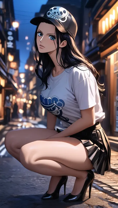 masterpiece, best quality, intricate details, 1 girl, woman, black hair, nico robin \ (one piece\), (long hair), baseball cap, t...