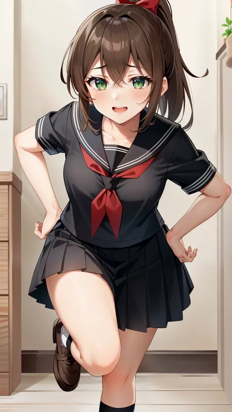 masterpiece, best quality, 1girl, solo, black school uniform, green eyes, black serafuku, medium breasts, brown hair, pleated skirt, ponytail, red hair bow, red neckerchief, collarbone, short sleeves, eyebrows visible through hair, black legwear, sleepy ey...