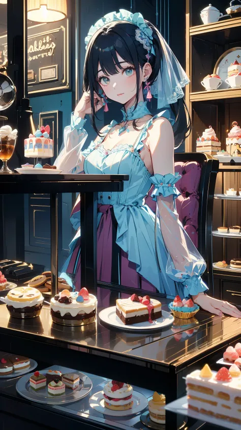 High resolution、detailed background、Beautiful Face、Beautiful, smooth skin、Skin Texture、cuteteenage girl、Realistic、Perfect body line、Braided ponytail、cute hairstyle、Quiet atmosphere、Happy expression、Upper Body、Tea time at the cafe、(Enjoy cakes and sweets wh...