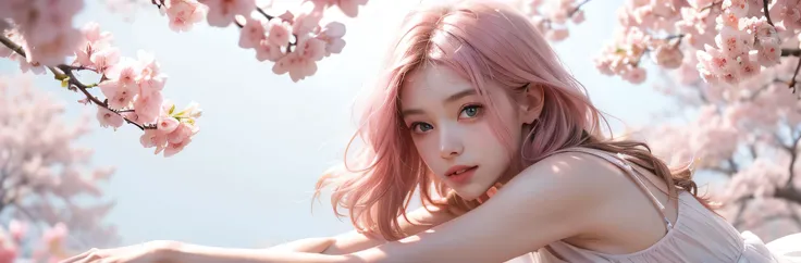 Light pink hair, pink eyes, pink and white, sakura leafs, vivid colors, white dress, paint splash, simple background, ray tracing, wavy hair