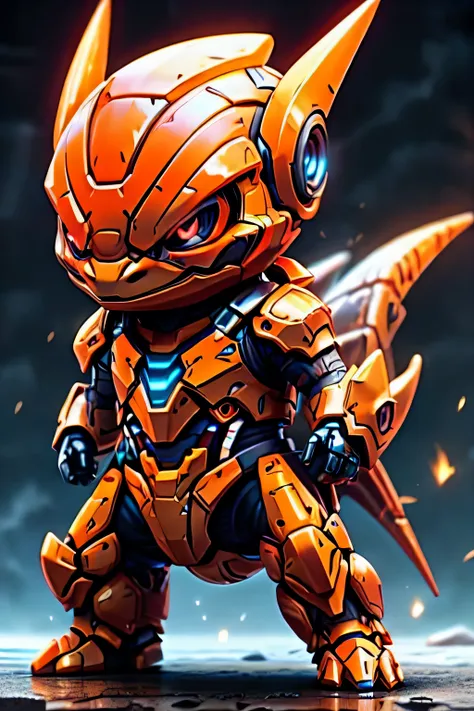 guchen,,chibi,red eyes,,glowing,Sci-Fi,Neon Lights,Hyper Real,Photorealistic,16K,high detail,high resolution, red and orange armor, charmander design, fire tail, lizard face, 