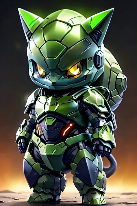 guchen,,chibi, yellow eyes,,glowing,Sci-Fi,Neon Lights,Hyper Real,Photorealistic,16K,high detail,high resolution, ((green armor)), bulbasaur design, turtle shell, blue skin, large backpack, cat ears, 