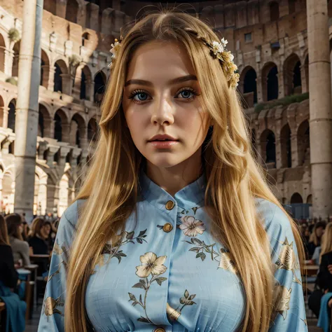  Russian girl, long hair, golden blonde, beautiful eyes, dimensional, beautiful lips, sexy doll, full body, jumpsuit, floral print, Colosseum Light Blue Fabric (Colosseum)Background