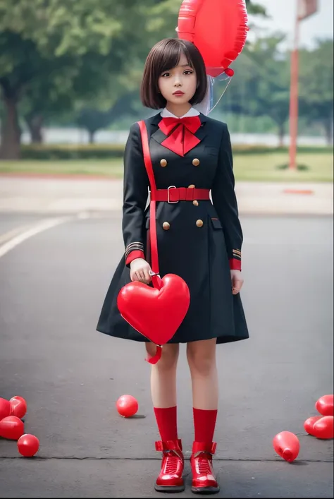 a  girls, ((she is blowing red balloons)) , real photo, (((full body))), (looking down at me),  bob hair, big ribbon on he hair, (military dress), 