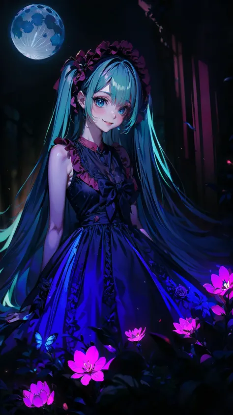 ,Dynamic Angle、 In the magical forest, A mysterious fairy girl appears, Light blue long hair、Twin tails、Adorable smile、The moonlight shines brightly. Her skirt, Woven with petals and stardust, Iridescent, Flowering Tree々Flapping among the glowing fireflies...