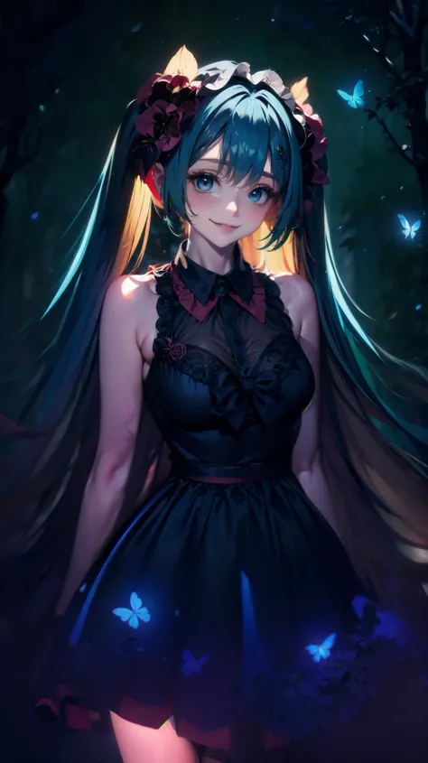 ,Dynamic Angle、 In the magical forest, A mysterious fairy girl appears, Light blue long hair、Twin tails、Adorable smile、The moonlight shines brightly. Her skirt, Woven with petals and stardust, Iridescent, Flowering Tree々Flapping among the glowing fireflies...