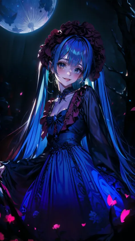 ,Dynamic Angle、 In the magical forest, A mysterious fairy girl appears, Light blue long hair、Twin tails、Adorable smile、The moonlight shines brightly. Her skirt, Woven with petals and stardust, Iridescent, Flowering Tree々Flapping among the glowing fireflies...