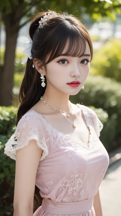  details,  High Resolution , high quality、 perfect dynamic composition,  Beautiful Delicate Eyes ,  double ponytail hairstyle, Beautiful breasts 、natural lipstick, face,Gods、2 girls、clear translucent skin、Shiny Hair、Pink luxury clothing、Fluffy skirt、 Delic...