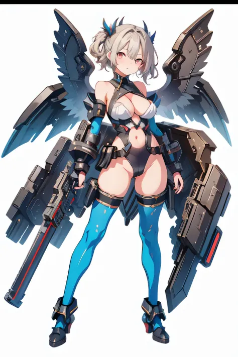 official art,character reference:1.4,  milf idol oneesan girl, mecha musume:1.3,  epic ecchi:1.4, exoskeleton:1.7, blue and white costume,
 black wings, white background, simple background, cleavage, holding weapon, full body,  feathered wings, bare should...