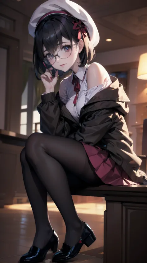 an anime girl with Glasses and a skirt sits on ground and poses, One girl, Alone, skirt, Have, shirt, white shirt, pantyhose, Red eyes, Glasses, Black Hair, shoes, red skirt, Check pattern skirt, beret, View your viewers, Open clothes, Check pattern, colla...