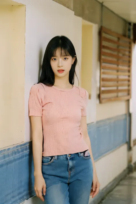 asian woman wearing pink top and blue jeans leaning against wall, beautiful young korean woman, beautiful young korean woman, be...