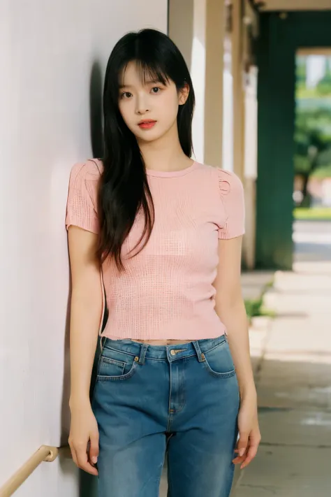 asian woman wearing pink top and blue jeans leaning against wall, beautiful young korean woman, beautiful young korean woman, be...