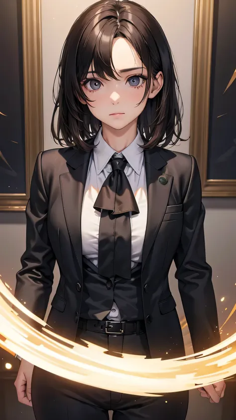  adult female, Alone, sexy,8K resolution,((Best Quality)), super high definition, (Grim expression), (Black eyes), A beautiful, symmetrical face, (brown cut medium hair),Office Jacket, suit pants ,Realistic:1.4,Realistic:1.4,(masterpiece:1.2), perfect eyes...