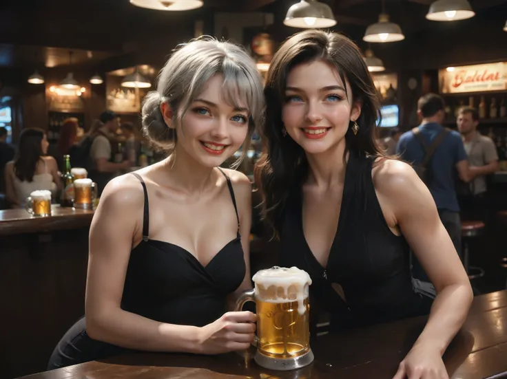 masterpiece,8k,Highest quality,raw photo ,high detailed,Two detailed women, smile , seems to be having fun, detailed long blue eyes ,Catchlight in the eyes,Gray Hair, movie light ,flash,Taken with a 60mm f2 . 0 lens ,bar ,( one person on the left is weari...
