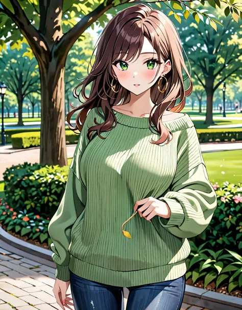 (masterpiece:1.2, best quality), 1lady, solo, upper body, big tits, Dark wash skinny jeans, oversized sweater, ankle boots, Loose waves, center part, simple hoop earrings, green Park