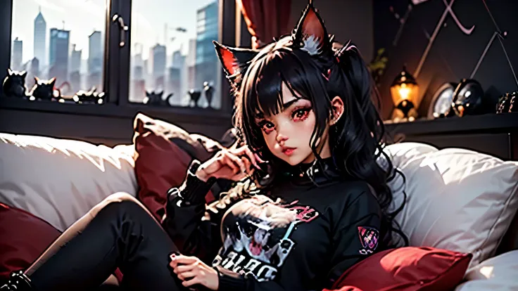 una chica gamer (junkotvv black hair, cat ears, red eyes), relajándose en el sofá con un dispositivo de juego portátil en sus ma...