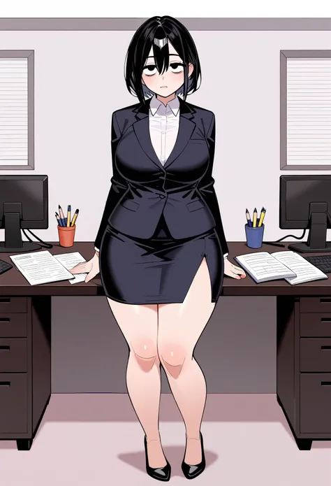 1girl, solo, female focus, exhausted, lazy, black hair, eye bags, full body, black blazer, white blouse, long pencil skirt, very long pencil skirt, black pencil skirt, professional skirt, conservative skirt, pencil skirt covers her entire thighs, secretary...