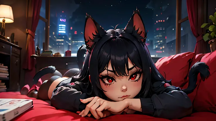 Una chica gamer (junkotvv black hair, cat ears, red eyes), relajándose en el sofá con un dispositivo de juego portátil en sus manos y auriculares puestos, in your living room with a city skyline outside the window at night. Tenga carteles de juegos en la p...