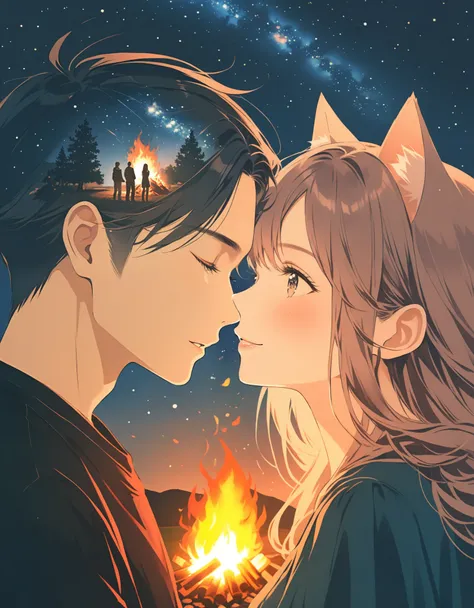 (Bonfire:1.5),starry sky,Portrait of a couple in love ,double exposure,,  girl with cat ears and a boy with long hair with normal ears