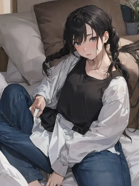 masterpiece、 super high definition、best quality、chizuru mizuhara, long hair, twin braids, twintails, collarbone, black shirt, lo...