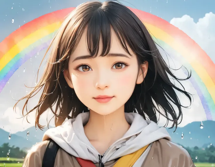 (best quality, 8k, high resolution:1.2), 1girl, after the rain, rainbow, upper body